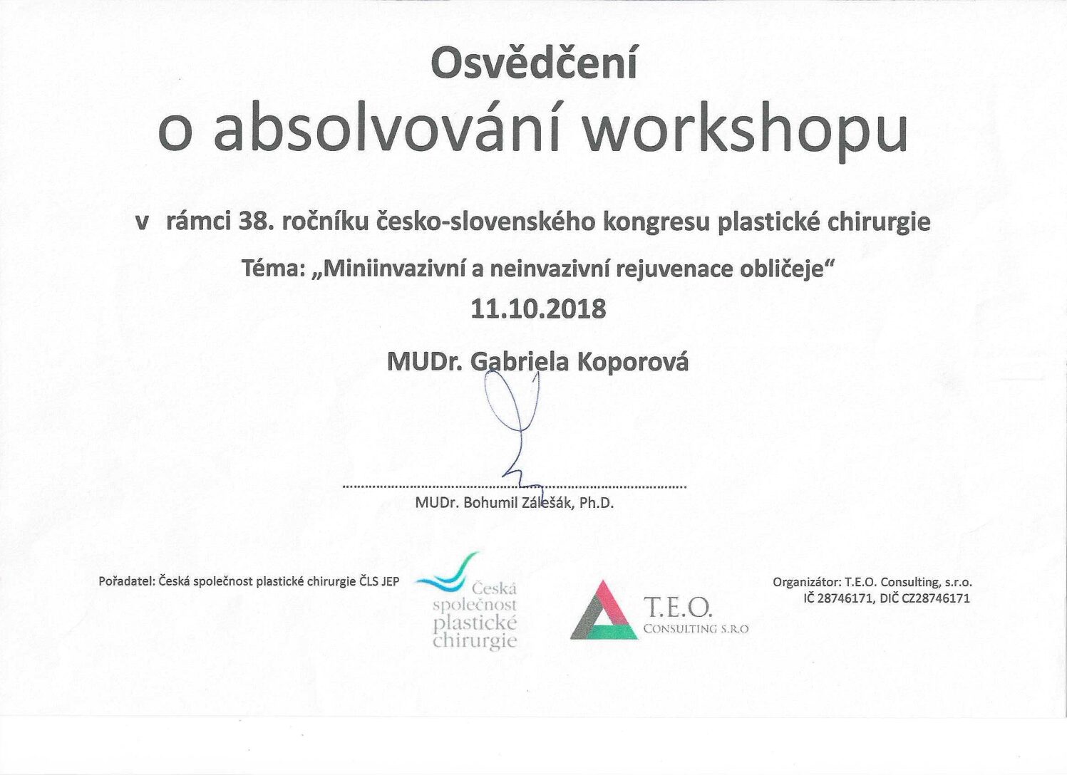 Certifikát — MUDr. Gabriela Konvičková