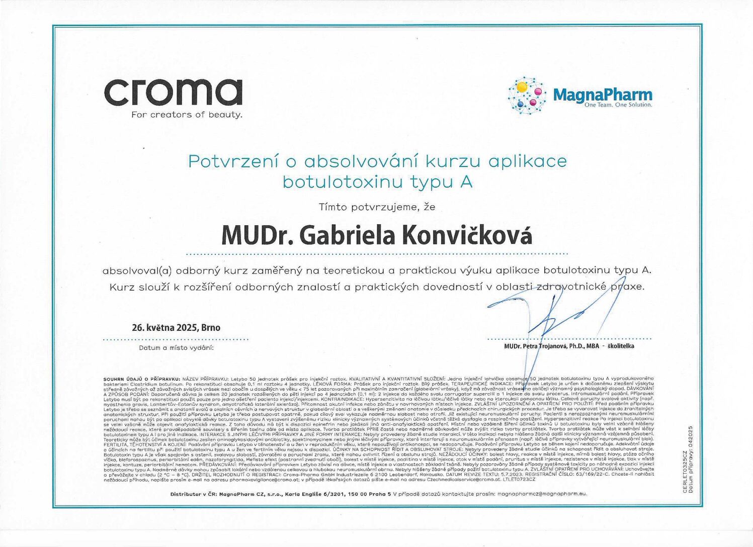 Certifikát — MUDr. Gabriela Konvičková