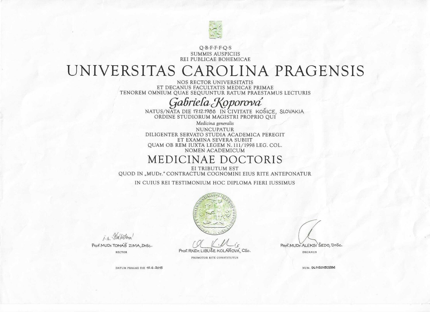 Certifikát — MUDr. Gabriela Konvičková