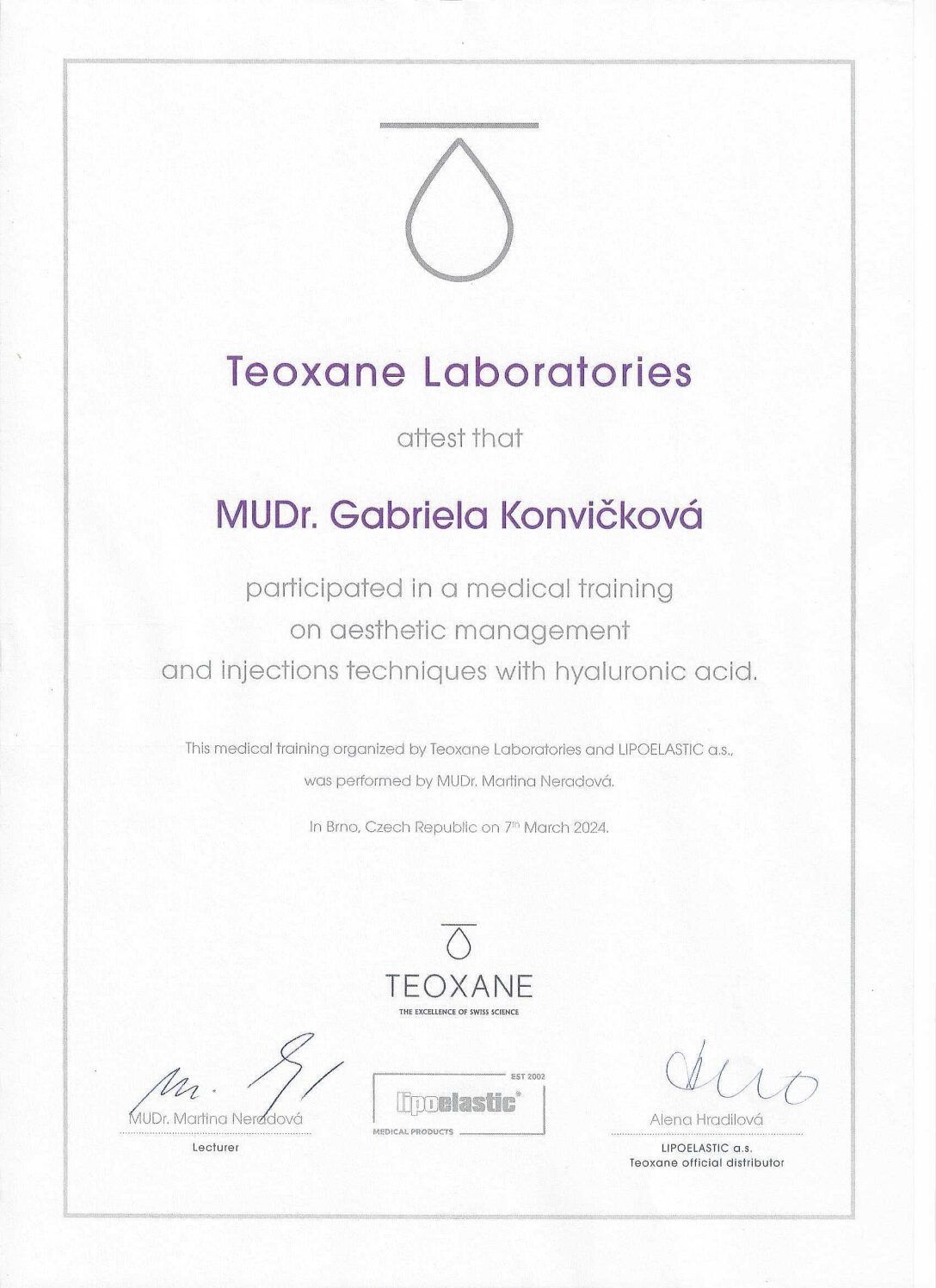 Certifikát — MUDr. Gabriela Konvičková