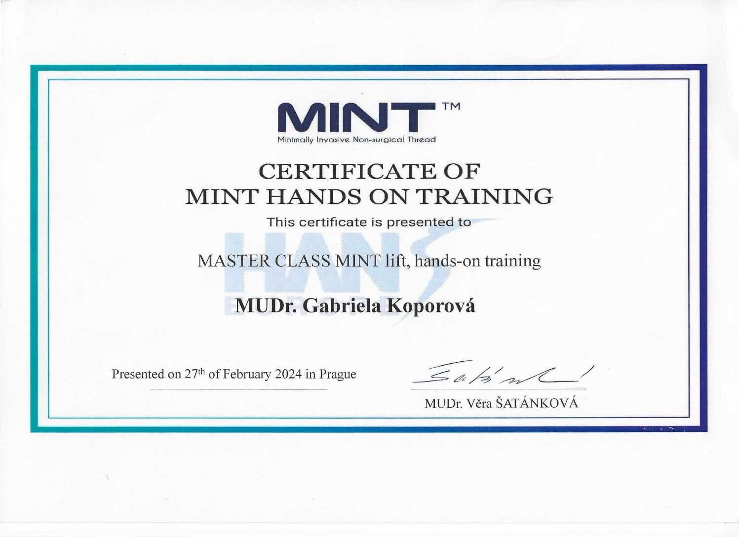 Certifikát — MUDr. Gabriela Konvičková